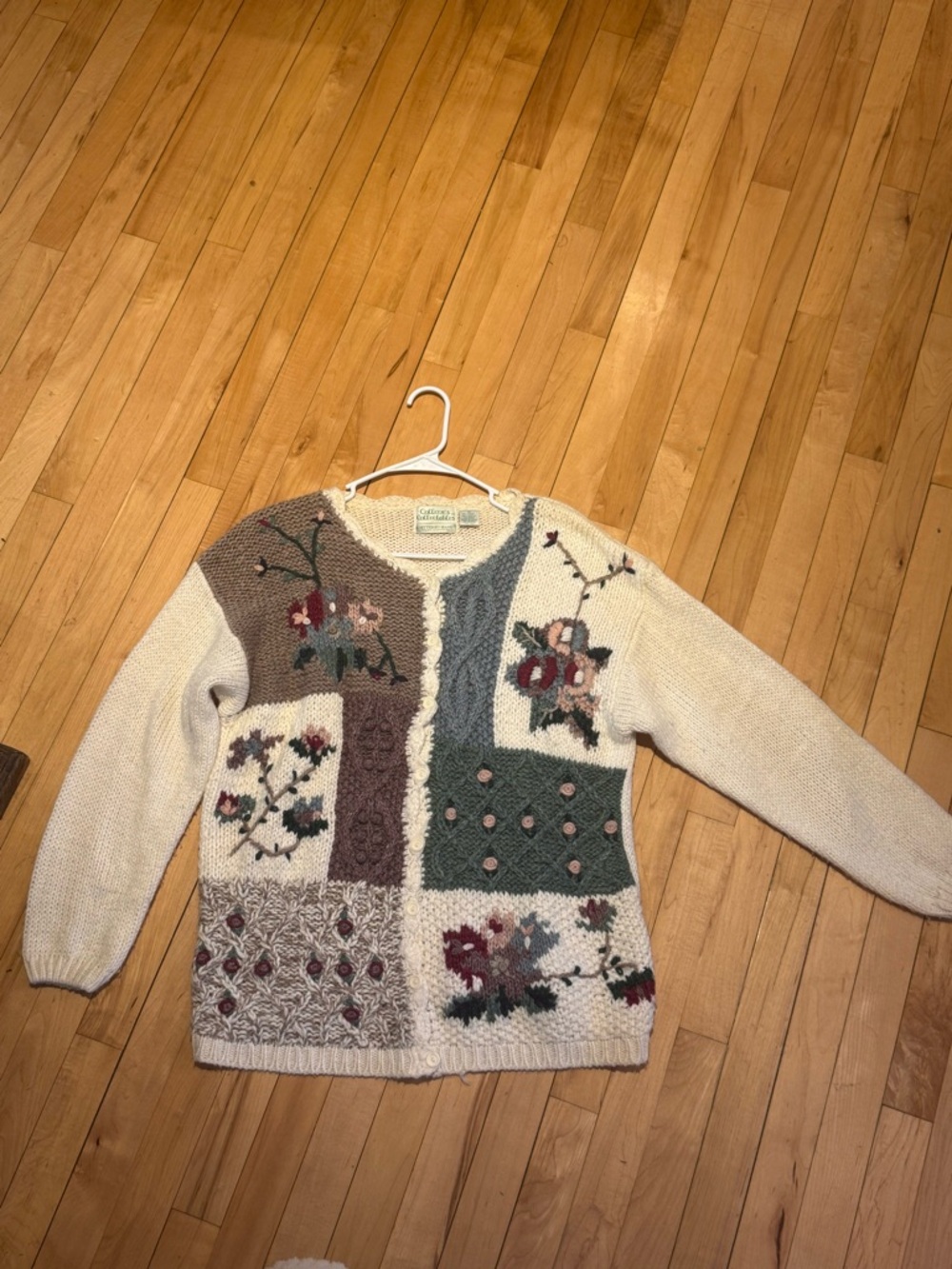 Cream Patchwork Floral Knit Cardigan Sweater
